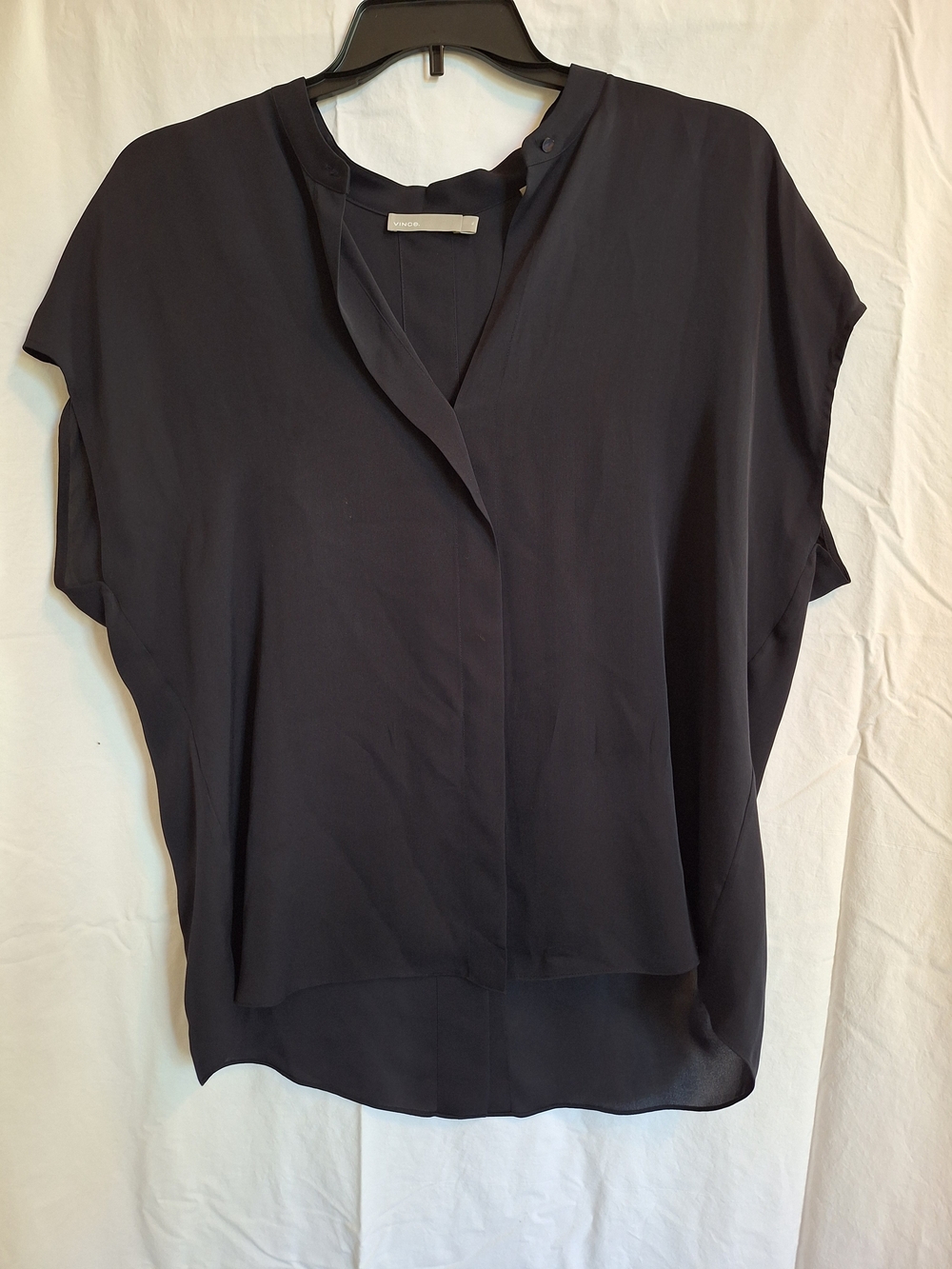 Vince Womens Stretch Silk Hidden Placket CapSleeve V-neck Blouse Black Sz XL